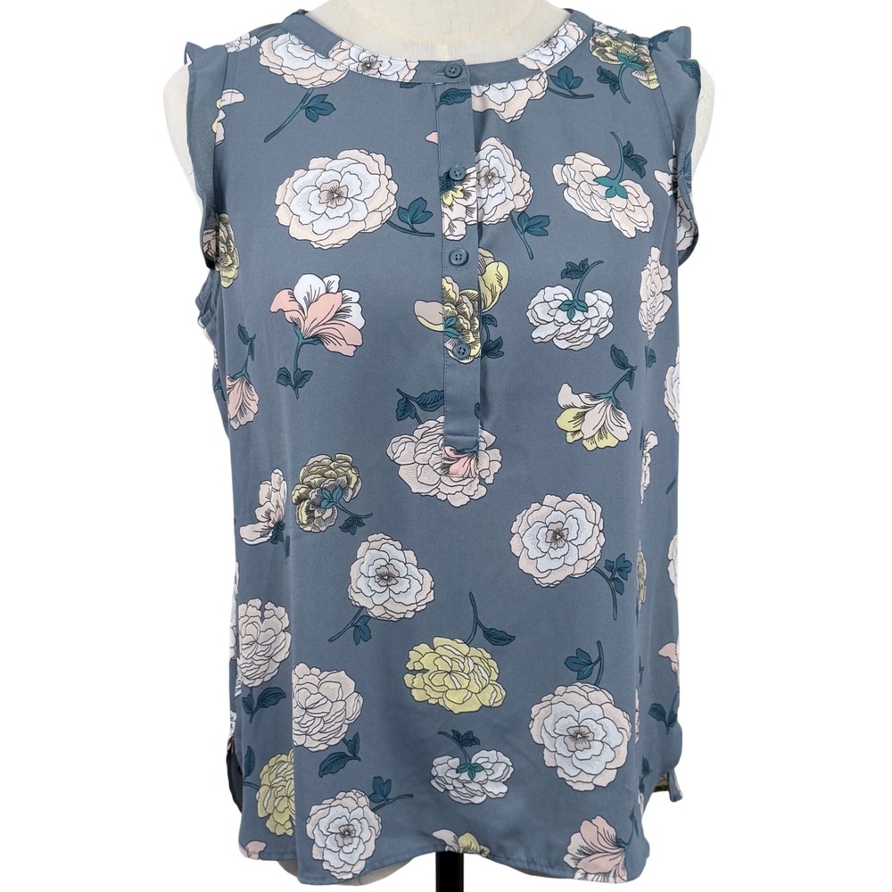 Loft Womens MP Blouse Blue Floral Sleeveless Ruffle Shell Shabby Chic Careerwear